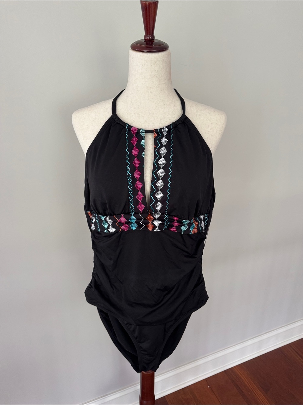 Apt. 9 Black Halter One-Piece Swimsuit with Multicolor Embroidered Trim - NWT